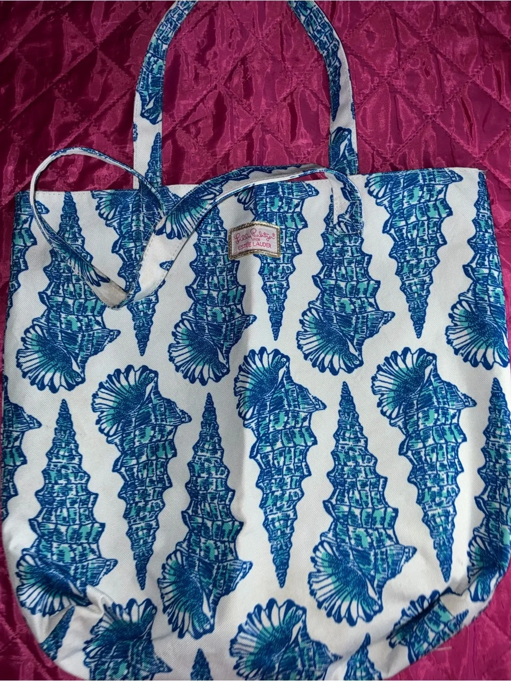 Estee Lauder White Tote with Blue Shell Print